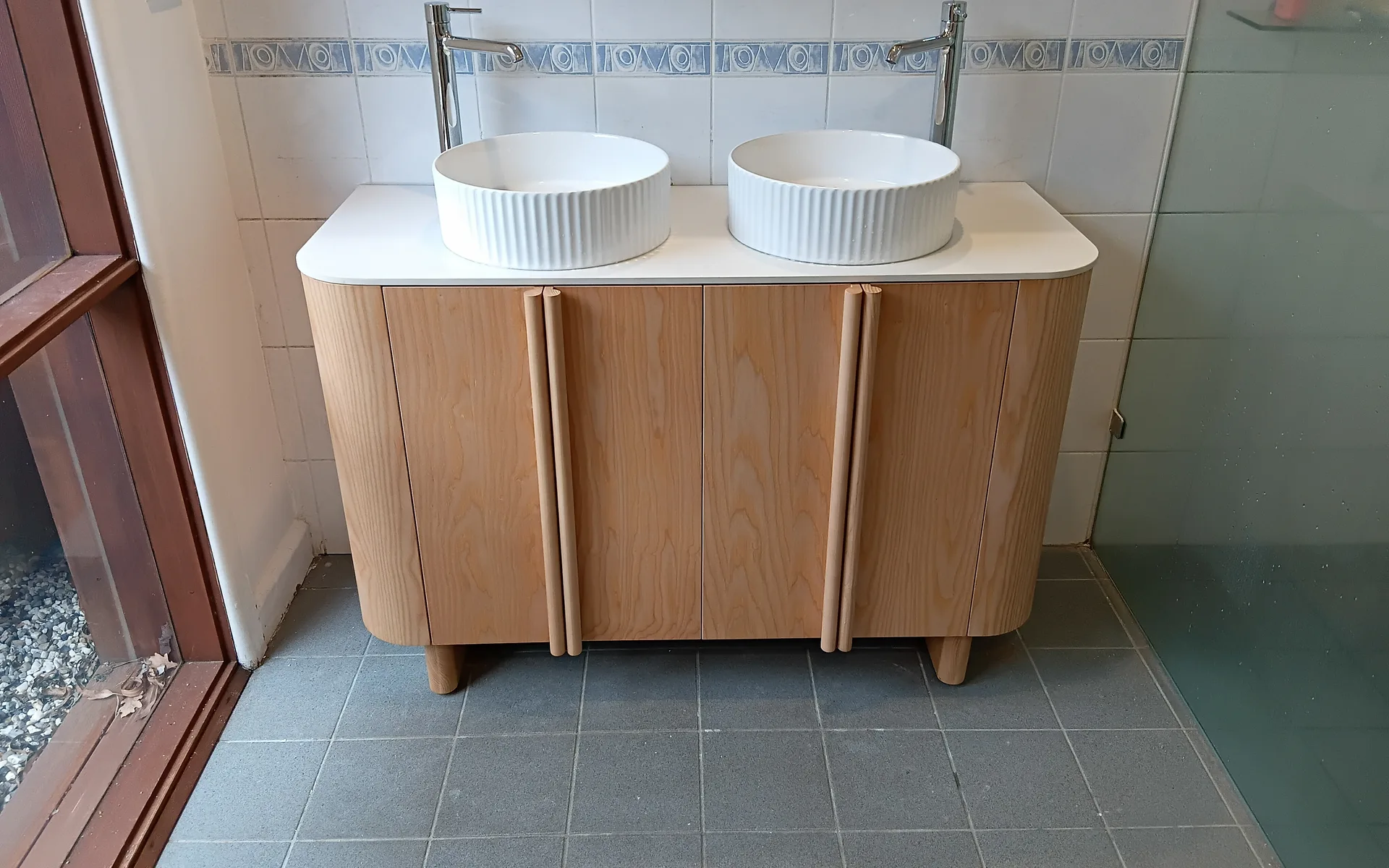 New double vanity with twin basins installed in a bathroom